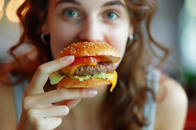 Girl enjoys eating her cheeseburger Woman eats hambuger and orders burger for takeaway food delivery from fastfood establishment Generative AI