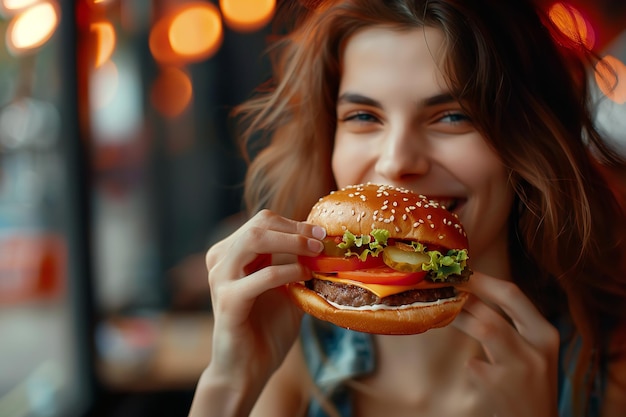 Girl enjoys eating her cheeseburger Woman eats hambuger and orders burger for takeaway food delivery from fastfood establishment Generative AI