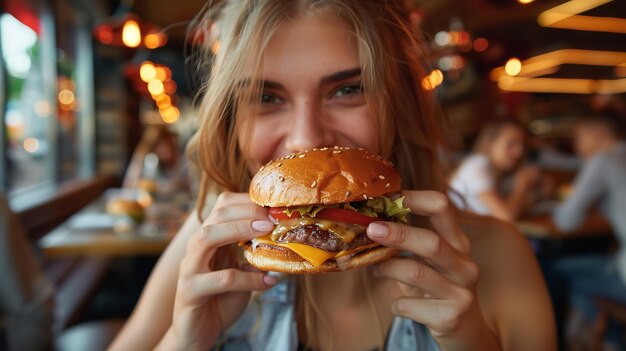 Girl enjoys eating her cheeseburger Woman eats hambuger and orders burger for takeaway food delivery from fastfood establishment Generative AI