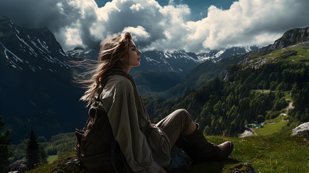 한 소녀가 산에서 여행을 즐깁니다. 산에서 휴가를 보내는 개념 Generative AI