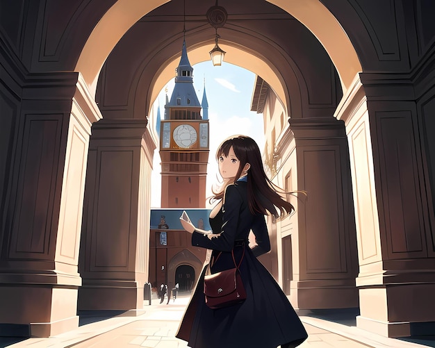 girl entering a clocktower frozen in time Ai generated