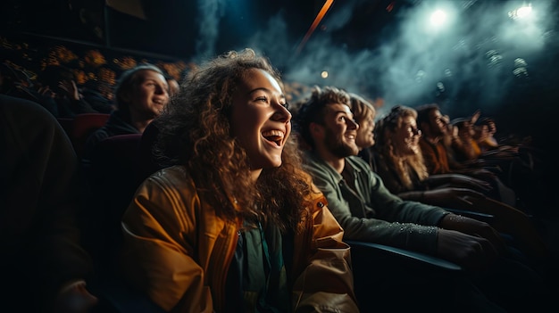 A girl enthusiastically watches a movie in a cinema while eating popcorn