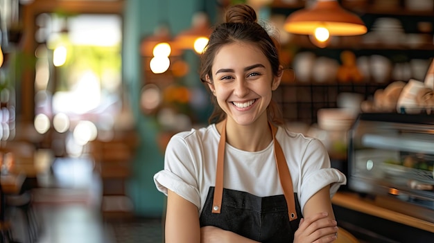 girl entrepreneur cafe employee posing in restaurant coffee shop interior portrait