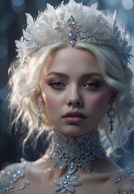 写真 ヨーロッパの少女白いの毛冠の耳輪宝石のネックレススノークイーン