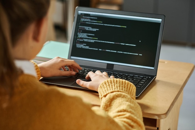 Girl examining computer codes on laptop