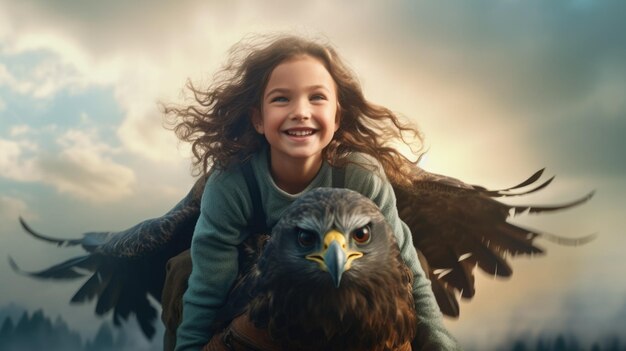 A Girl excited flying the eagle above clouds in the sky Generative AI image weber