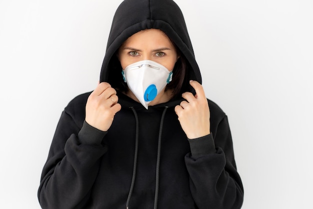 Girl in face mask with filter isolated on white background