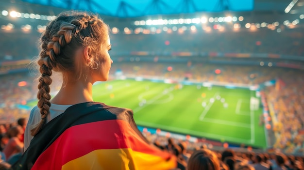 女子ファンがスタジアムに立ってドイツ国旗を掲げ国家の誇りとスポーツの熱意を体現しています