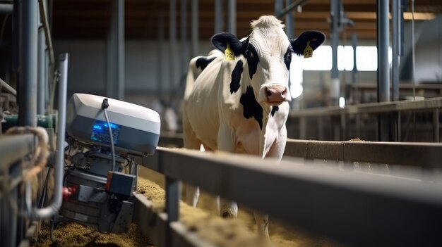 Girl farmer tending cows in the barn Modern farm life Industrial maintenance of cows Farm business