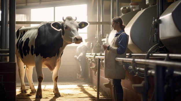 Girl farmer tending cows in the barn Modern farm life Industrial maintenance of cows Farm business