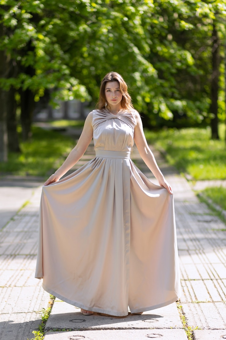 Фотография девушка в модном длинном платье позирует на улице