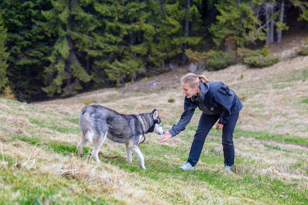 自然の森の背景で若いシベリアンハスキー犬に餌をやる女の子