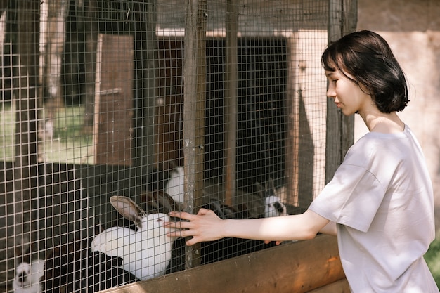 A girl feeds rabbits on a farm