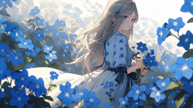 A girl in a field of blue flowers