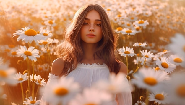 A girl in a field of daisies