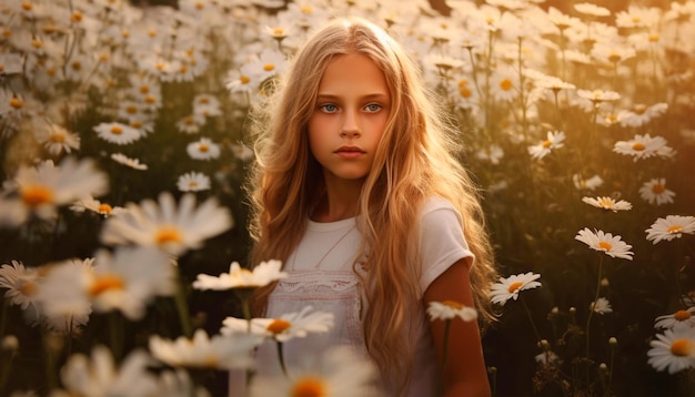 A girl in a field of daisies