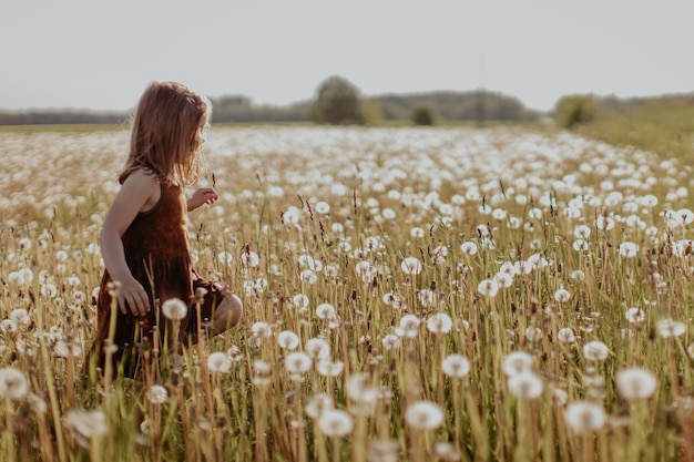 Girl in a field of dandelion fluff in sunset light