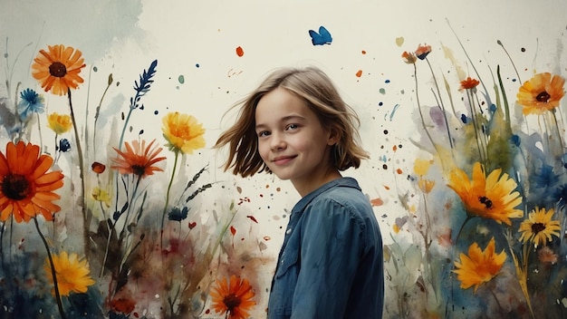 a girl in a field of flowers with butterflies on the face