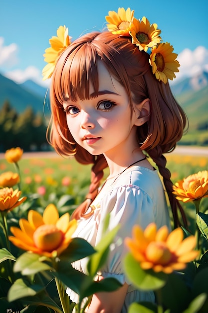 A girl in a field of flowers with a mountain in the background.