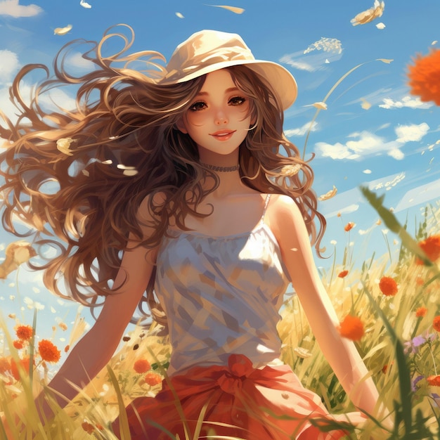 A girl in a field of flowers with a sun hat on her head