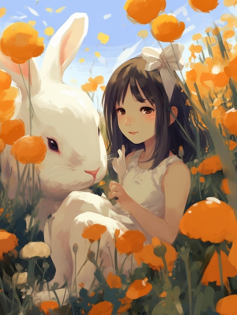 A girl in a field of flowers with a white rabbit.