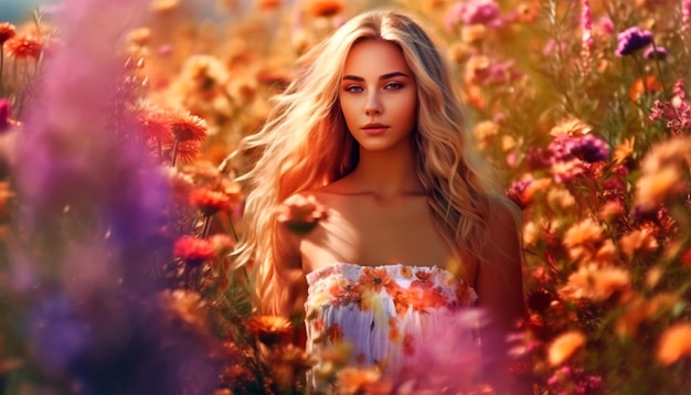 Foto una ragazza in un campo di fiori