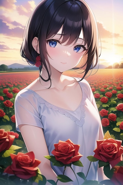 A girl in a field of roses