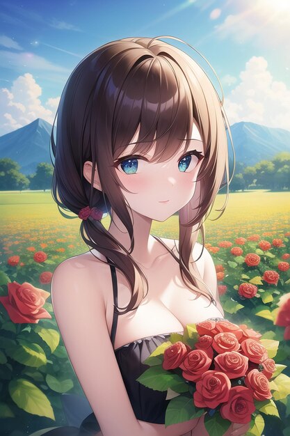 A girl in a field of roses