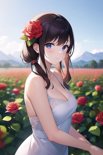 A girl in a field of roses