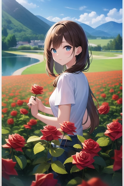 A girl in a field of roses