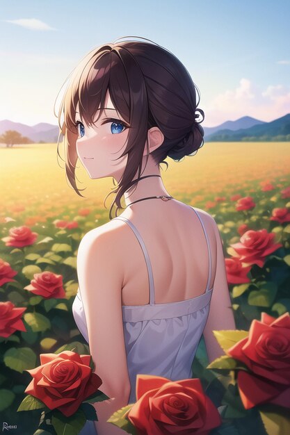 A girl in a field of roses