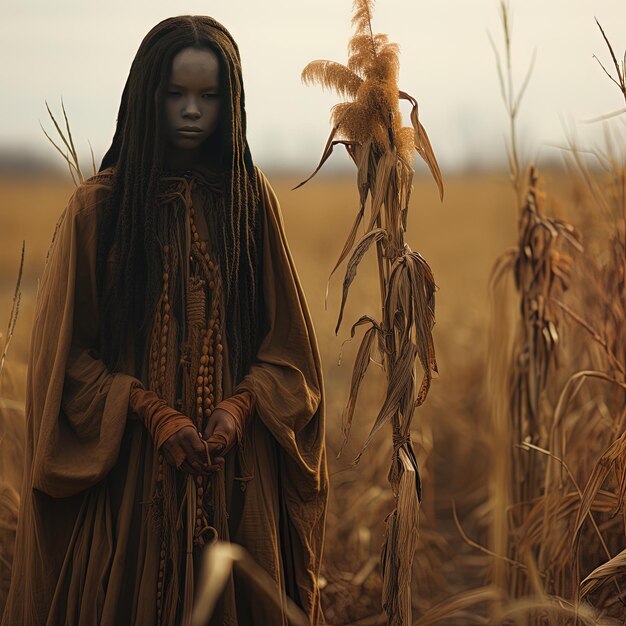 a girl in a field of wheat with a scarecrow in the background