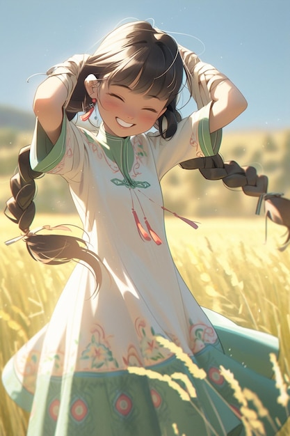 A girl in a field with a hat on her head