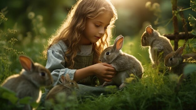 A girl in a field with rabbits