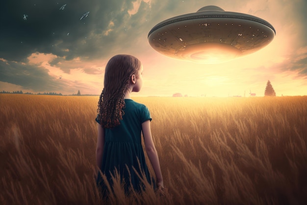 A girl in a field with a ufo on her head