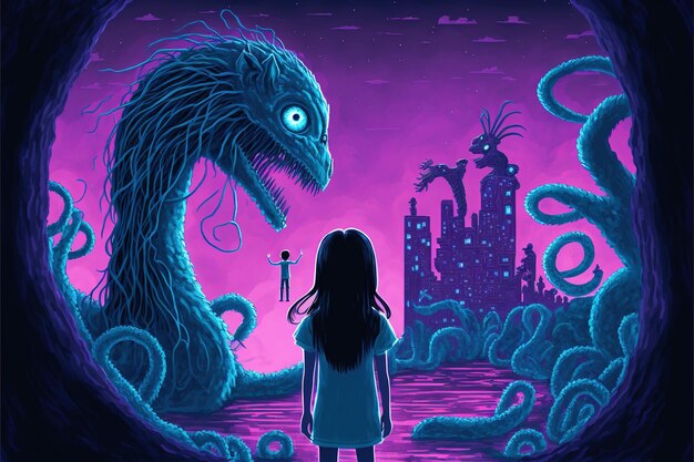 Girl fighting with the giant monster Scifi scene of a girl facing the giant monster with tentacles Digital art style illustration painting