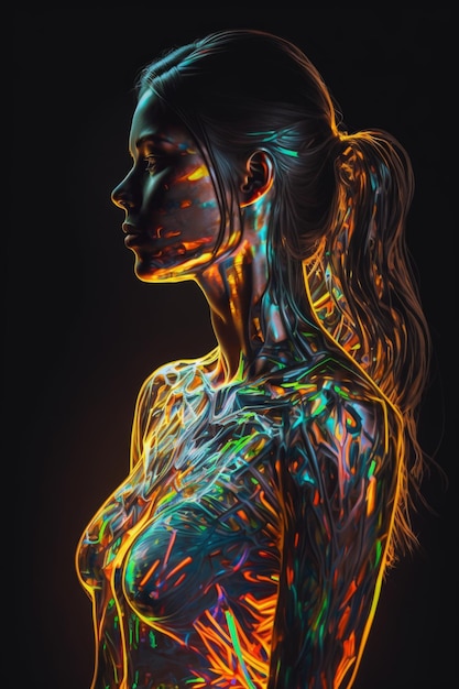 A girl figure outlined by neon light illustration image generative AI