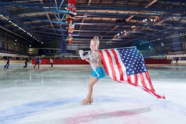 Girl Figure-Skating with American Flag