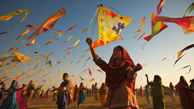 a girl flies a kite on a beach with many people in the background.