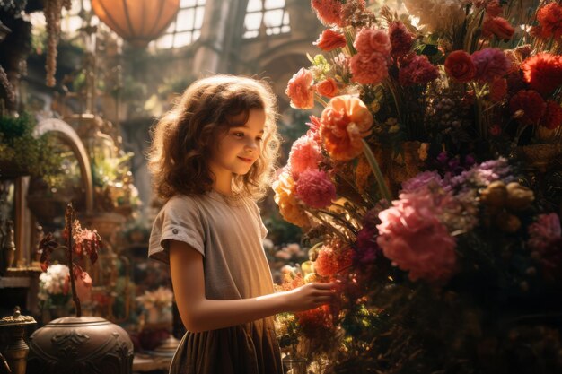 Цветочная девушка делает композицию из цветов в цветочном магазине