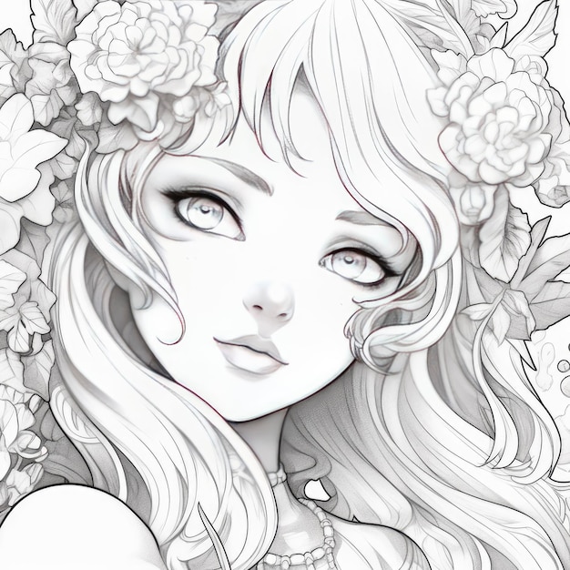 Girl among the flowers Coloring book Illustration isolated on white background Hand draw