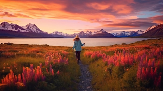 girl among flowers in the meadows of Patagonia