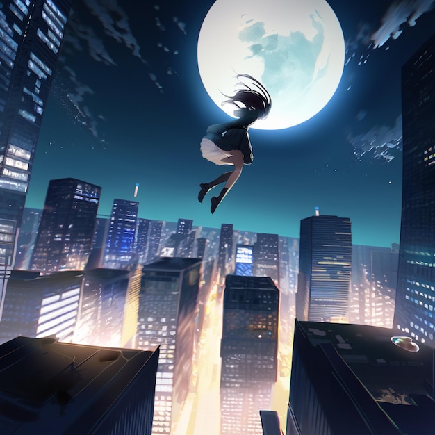 Premium AI Image | A girl flying over a city with a full moon in the ...