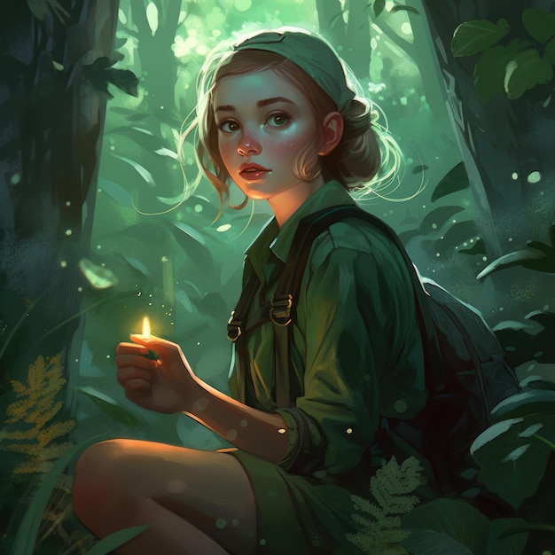 A girl in a forest holding a candle