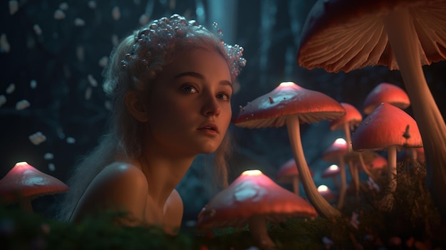 A girl in a forest of mushrooms