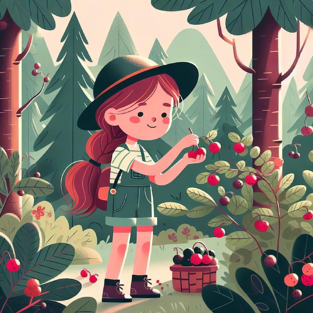 Photo a girl in a forest with a basket of berries and a basket of berries