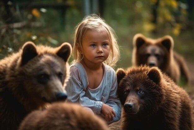 A girl in a forest with bears