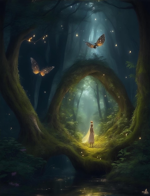 a girl in the forest with butterflies