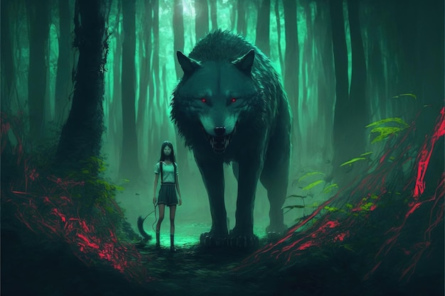 Girl in the forest with her wild pet Wild girl with her wolf standing in the forest Digital art style illustration painting