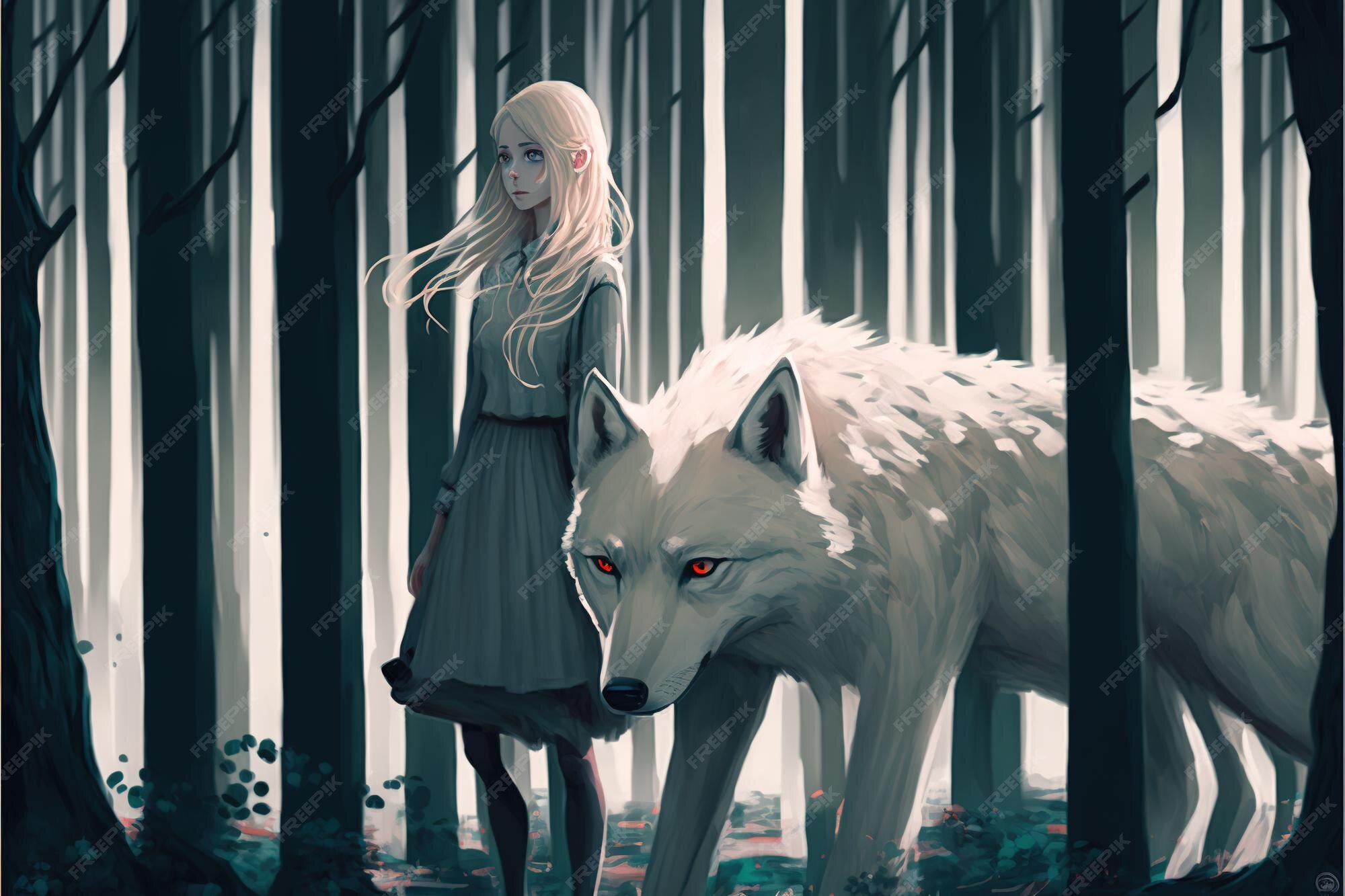 Premium Photo | Girl in the forest with her wild pet wild girl with her wolf  standing in the forest digital art style illustration painting
